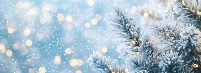 Snowy winter background with ice crystals, snowflakes, frosted pine branches, and blue sky with bokeh lights. Festive feel.