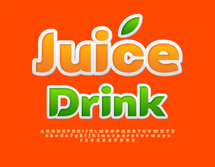 Naklejka premium Vector advertising label Juice Drink. Orange Sticker Font. Set of Modern Alphabet Letters and Numbers