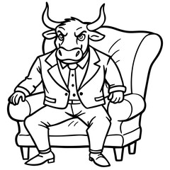 Vector Illustration of a Cute, Angry Bull in a Suit Sitting on a Fancy Chair art vector illustration