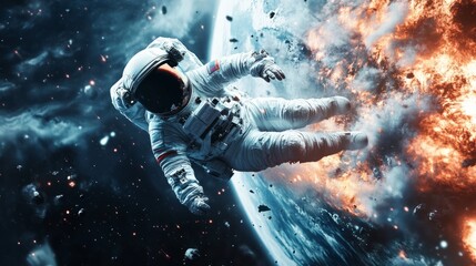 Fototapeta premium Astronaut falling to earth planet. Realistic science fiction art