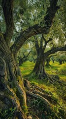 Obraz premium Ancient olive trees adorn the lush landscape, basking in the warm glow of sunlight, evoking tranquility in the serene Italian countryside