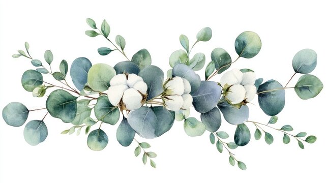 Watercolor arrangement featuring eucalyptus and cotton flowers Hand painted green bouquet isolated on a white background suitable for decoration weddings textiles and invitations