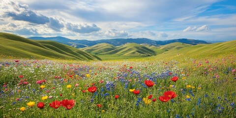 Naklejka premium Green hills, vibrant wildflowers, blue sky.