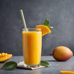 Fototapeta premium Fresh Mango Juice in wood podium with piece of mango