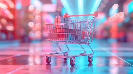 3d Shopping cart icon symbol with neon colorful and boxes, blurred neon storefront background. Digital shopping delight concept, Neon lit online store. E commerce revolution. Brighten cart with light