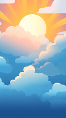 Fototapeta premium Vector evening sky clouds. Anime style background with shining sun and white fluffy clouds. Sunny day sky scene cartoon vector illustration.