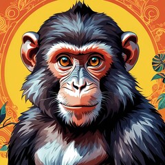 Obraz premium Vibrant and Artistic Monkey NFT Illustration: High-Resolution Digital Artwork Featuring a Detailed Chimpanzee with Warm Orange and Yellow Background - Perfect for Collectors and Enthusiasts