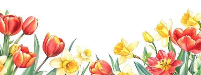Spring floral frame Watercolor illustration featuring vibrant tulips and daffodils against a white backdrop Watercolor bouquet of flowers suitable for greeting cards wedding invitations and birthd