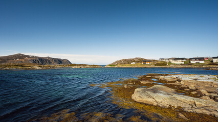 view of the village of Gjesvaer during a sunny spring day, north Cape, mageroya island, Norway