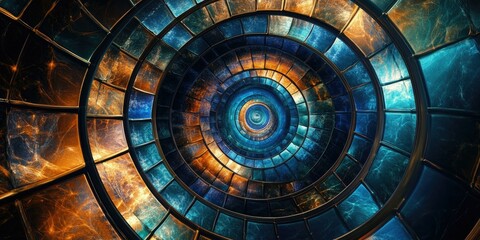 Abstract circular pattern of blue and orange glass.