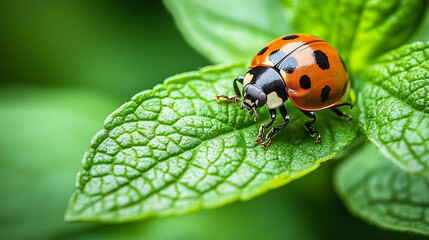 Fototapeta premium red ladybug rests delicately on a lush green leaf, capturing the serene beauty of nature. The close-up shot highlights the ladybug's detailed patterns, symbolizing good luck, protection, and renewal