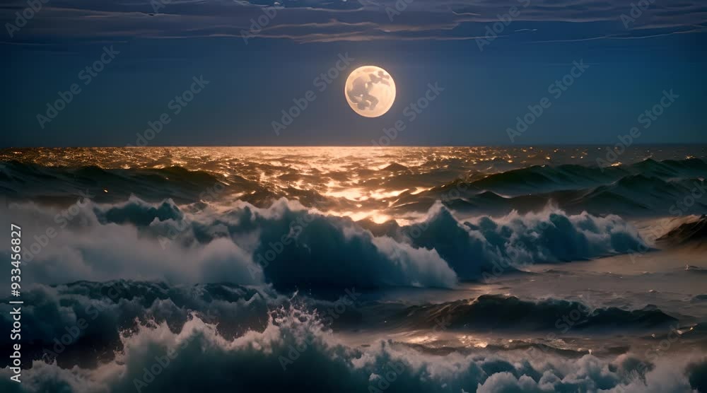 Wall mural a moonlit night over the ocean with a giant, glowing full moon casting silver light on the gentle wa