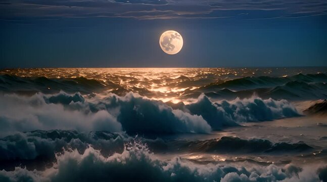 A moonlit night over the ocean with a giant, glowing full moon casting silver light on the gentle waves