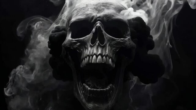 Scary evil skeleton skull emerges from the darkness on black background. Halloween and Day of the Dead concept. No Smoking campaign. Spooky concept in gothic style