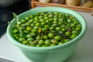 Green olives in liquid