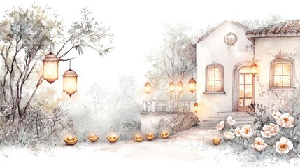 Fototapeta premium A quaint cottage adorned with Diwali diyas and lanterns, surrounded by a lush garden, creating a warm and festive ambiance at dusk.