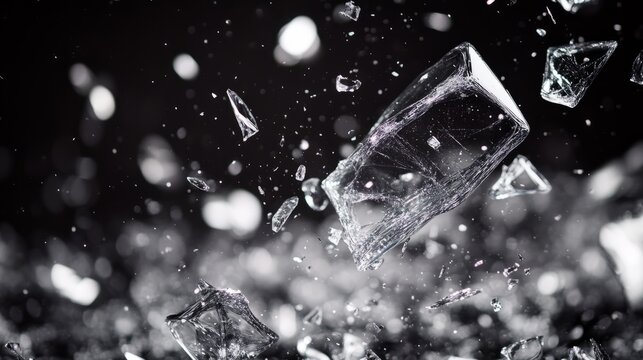 Broken glass fragments exploding in the air with a black background that contrasts with the broken class pieces in a motion and bokeh blur effect