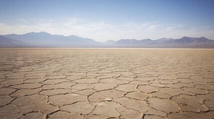 Vast, Desolate Landscape of Cracked Earth and Salt Flats with Distant Mountains and a Cloudless Sky. AI generated illustration