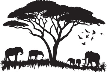Africa Safari Savanna Landscape Silhouette of Wild Animals and Trees Vector

