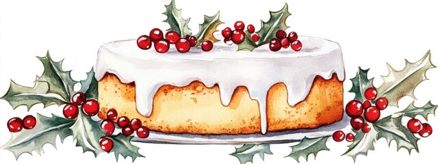 Watercolor Christmas cake illustration Festive clipart for sublimation Holiday themed sticker and greeting card design element