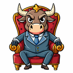 Stylized Angry Bull in a Suit Seated on a Fancy Chair, Hand-Drawn on White Background art vector illustration