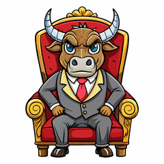 Stylized Angry Bull in a Suit Seated on a Fancy Chair, Hand-Drawn on White Background art vector illustration