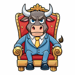 Stylized Angry Bull in a Suit Seated on a Fancy Chair, Hand-Drawn on White Background art vector illustration
