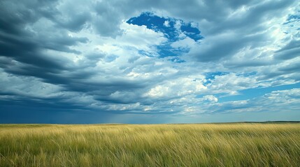 Obraz premium Wide-Open Prairie with Tall Grasses Waving in the Wind, Under a Vast Sky Filled with Towering Cumulus Clouds and Distant Thunder. AI generated illustration