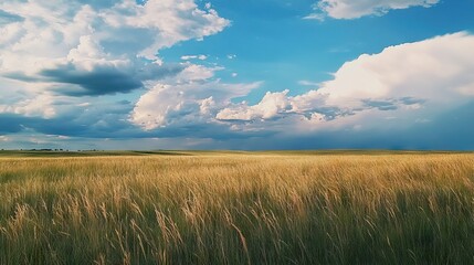 Wide-Open Prairie with Tall Grasses Waving in the Wind, Under a Vast Sky Filled with Towering Cumulus Clouds and Distant Thunder. AI generated illustration