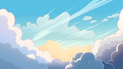 Fototapeta premium Vector evening sky clouds. Anime style background with shining sun and white fluffy clouds. Sunny day sky scene cartoon vector illustration.