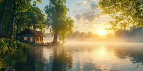 Fototapeta premium Sunrise over a lake with a cabin and fog.