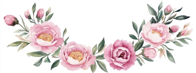 Obraz premium Hand painted watercolor wreath featuring pink peonies and foliage Elegant circular frame adorned with blossoms Suitable for postcards invitations wedding decorations and business cards Floral arra