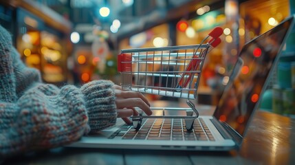Online shopping on laptop: Person browsing products on a laptop for e-commerce.