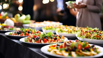 Catering vegetarian buffet food. Delicious colorful vegetable dishes on festive party background