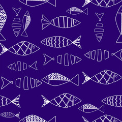 seamless fish drawing line art white on a blue background 