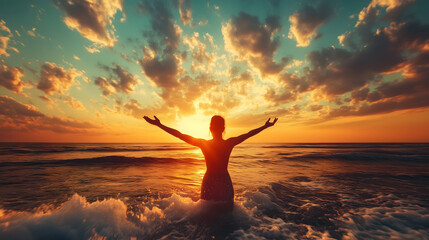 Person standing in ocean waves with arms raised towards the vibrant sunset sky, celebrating freedom and nature, copy space