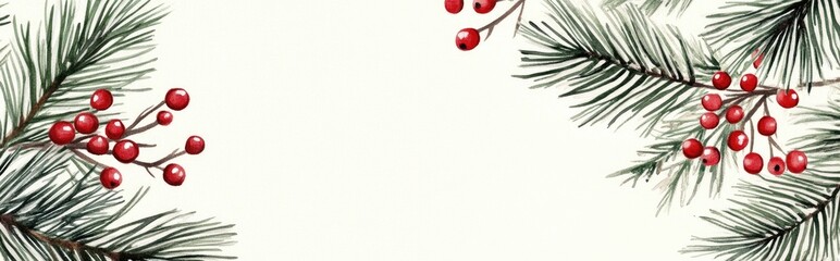 Festive holiday party invitation card featuring a watercolor design of pine branches and a red berry wreath