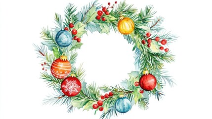 Hand painted watercolor illustration of a wreath featuring Christmas ornaments ideal for greeting cards invitations party designs decoration blogs printing and advertising