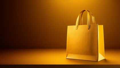 Composition of yellow paper shopping bag on yellow background, space for text
