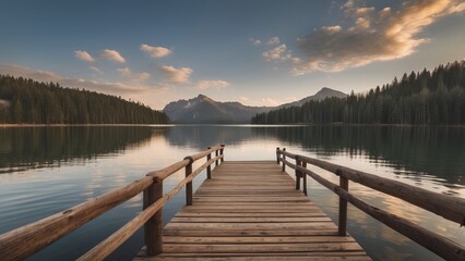 Naklejka premium Wooden Dock Extending into Tranquil Mountain Lake at Sunset