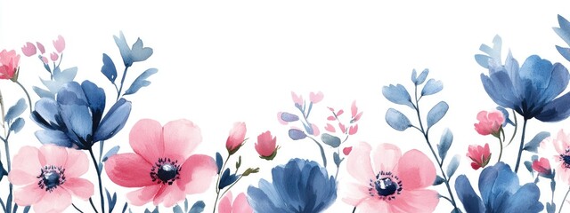 Obraz premium Floral frame border featuring blue and pink wildflowers Watercolor art suitable for various occasions such as Mother s Day weddings birthdays Easter and Valentine s Day Hand painted design