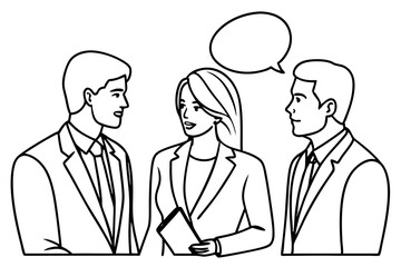 Fototapeta premium Single Line Vector Illustration Two Businessmen and Businesswoman in Dialogue with Speech Bubble art vector illustration