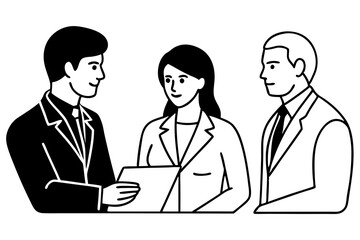 Fototapeta premium Single Line Vector Illustration Two Businessmen and Businesswoman in Dialogue with Speech Bubble art vector illustration