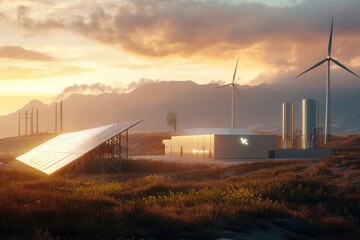 Fototapeta premium Battery storage power station accompanied by solar and wind turbine power plants. New Energy concept image with generative ai
