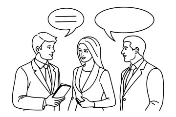 Single Line Vector Illustration Two Businessmen and Businesswoman in Dialogue with Speech Bubble art vector illustration