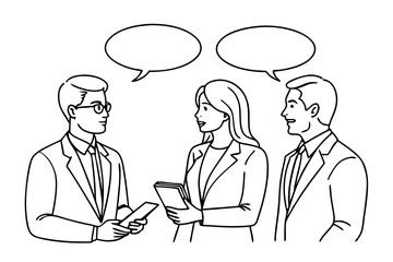 Single Line Vector Illustration Two Businessmen and Businesswoman in Dialogue with Speech Bubble art vector illustration