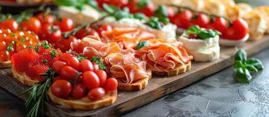 Appetizing Bruschetta with Red Caviar, Prosciutto, and Tomato
