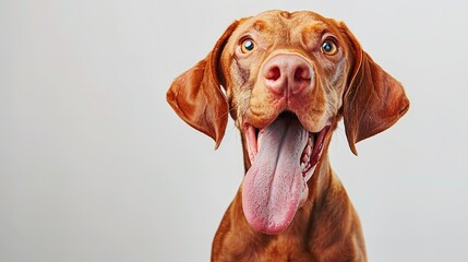 A brown dog with a pink tongue sticking out. The dog is smiling and he is happy