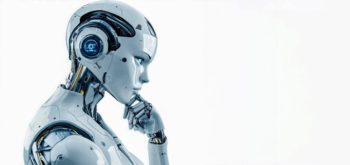 Un robot plateado que piensa, con la mano en la barbilla y una vista lateral de la parte superior del cuerpo, sobre un fondo blanco. Fotografía de alta resolución, gradación de color profesional