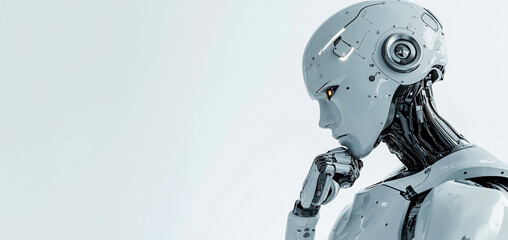 Un robot plateado que piensa, con la mano en la barbilla y una vista lateral de la parte superior del cuerpo, sobre un fondo blanco. Fotografía de alta resolución, gradación de color profesional